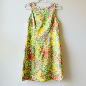 Lilly Pulitzer Stretch Sleeveless Shift Dress Yellow Floral Embroidered Womens 4